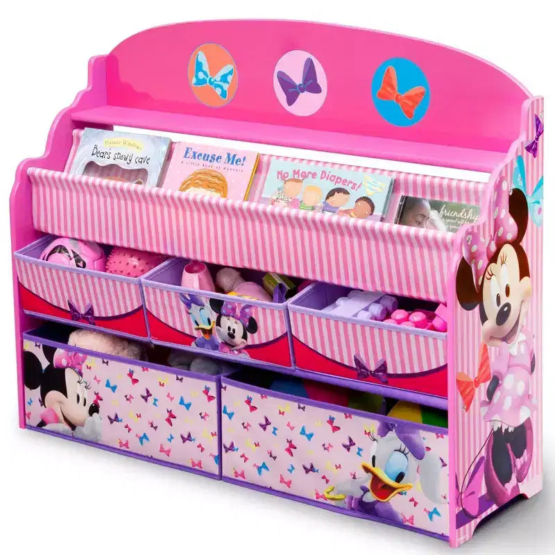 Organizzatore per libri e giocattoli per bambini con contenitori in tessuto
