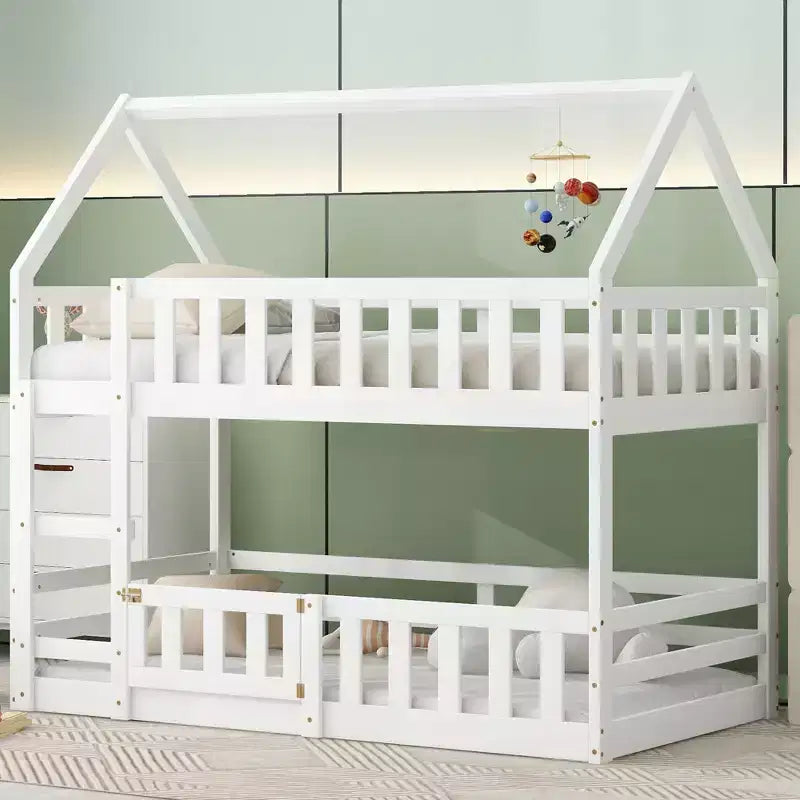 Whisen Wood Twin over Twin House-Shaped Bunk Bed with Fence with Door and Ladder