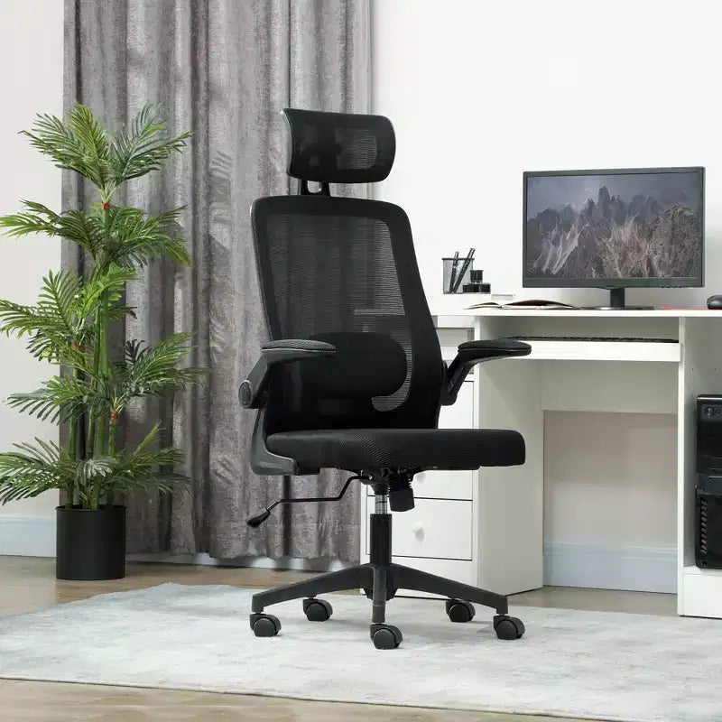 Sedia da ufficio ergonomica in rete con braccioli ribaltabili, poggiatesta e supporto lombare regolabili