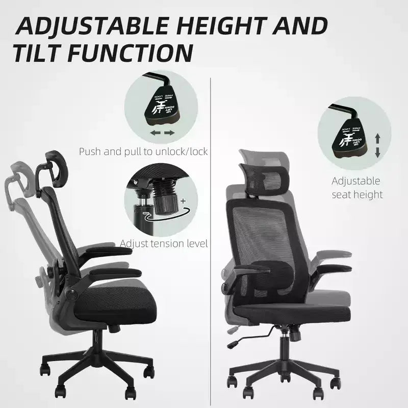 Sedia da ufficio ergonomica in rete con braccioli ribaltabili, poggiatesta e supporto lombare regolabili