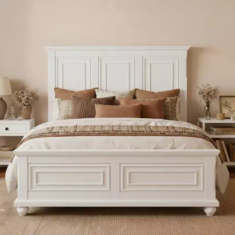Letto a piattaforma Queen/King Size con testiera alta, struttura del letto in pino vintage