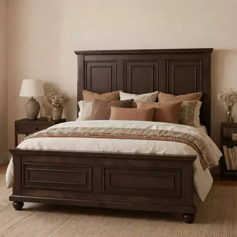 Queen/King Size Platform Bed with Tall Headboard, Vintage Pinewood Bed Frame, Traditional Style - ModernLuxe