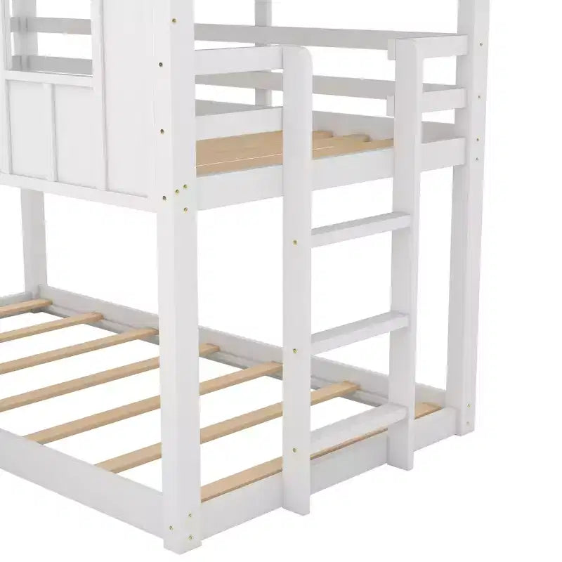 Letto a Castello "Casetta" con Scivolo e Finestre, per Due Letti Singoli - Bianco