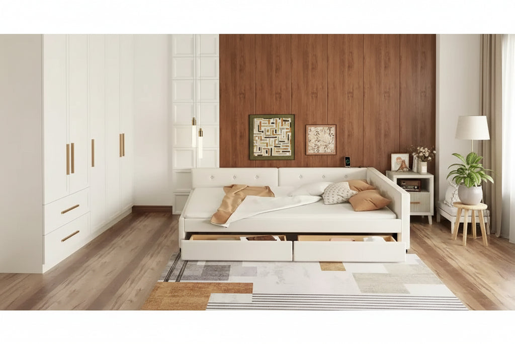 Whisen Elegant Design Queen Size Upholstered Platform Bed with USB Ports