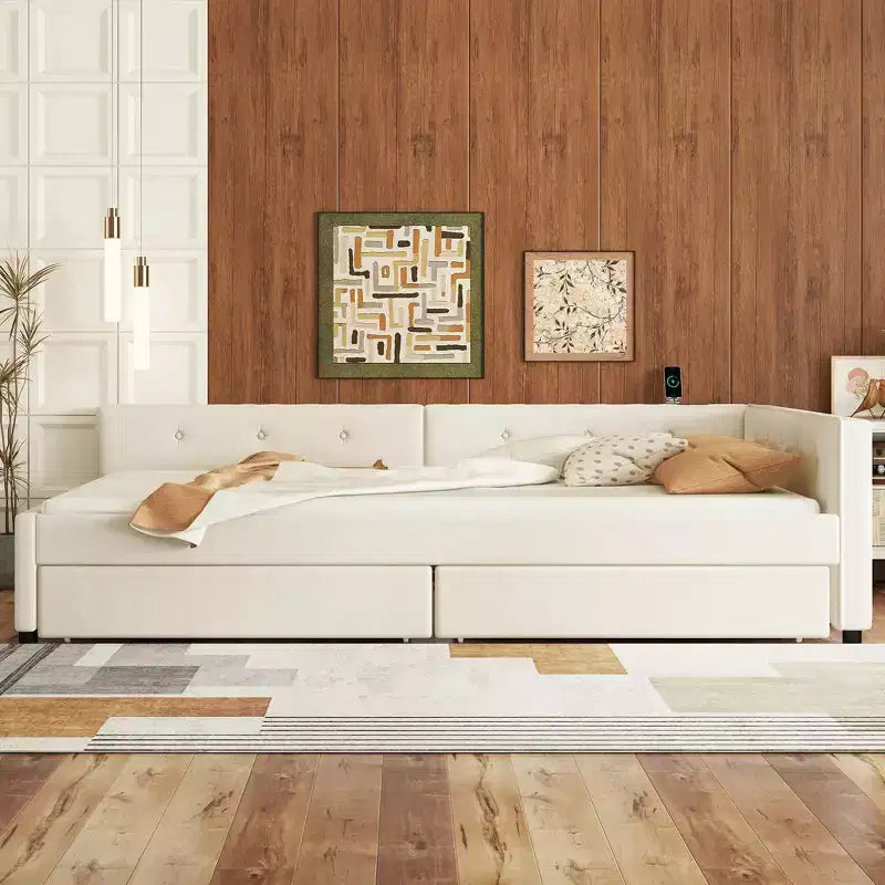 Letto imbottito con piattaforma con porte USB e opzioni di archiviazione