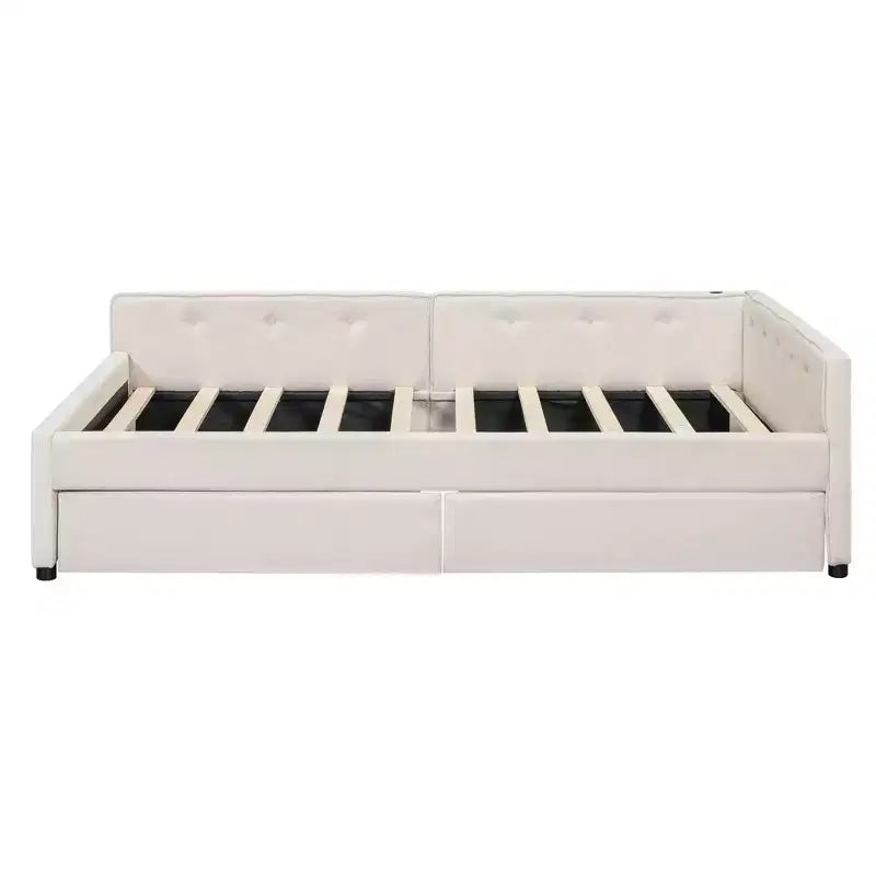 Letto imbottito con piattaforma con porte USB e opzioni di archiviazione