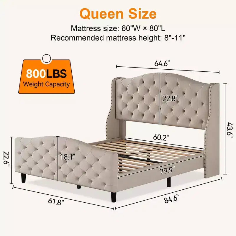 Struttura letto imbottita Queen Size con testiera ad ali – Beige
