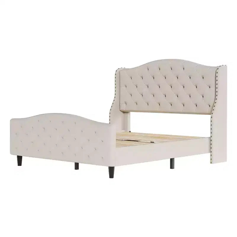 Struttura letto imbottita Queen Size con testiera ad ali – Beige
