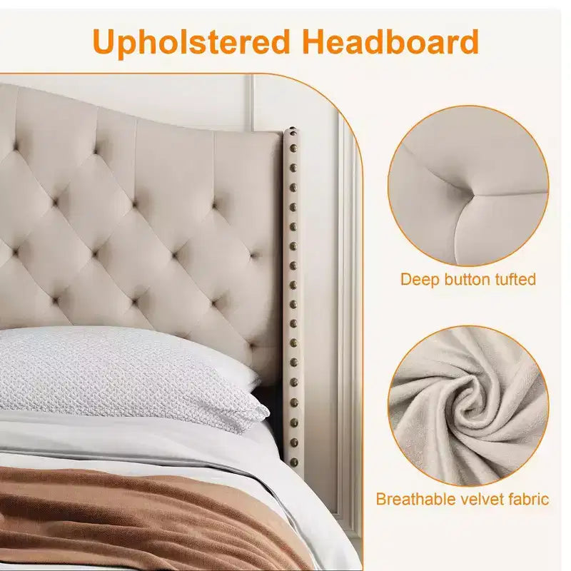 Struttura letto imbottita Queen Size con testiera ad ali – Beige