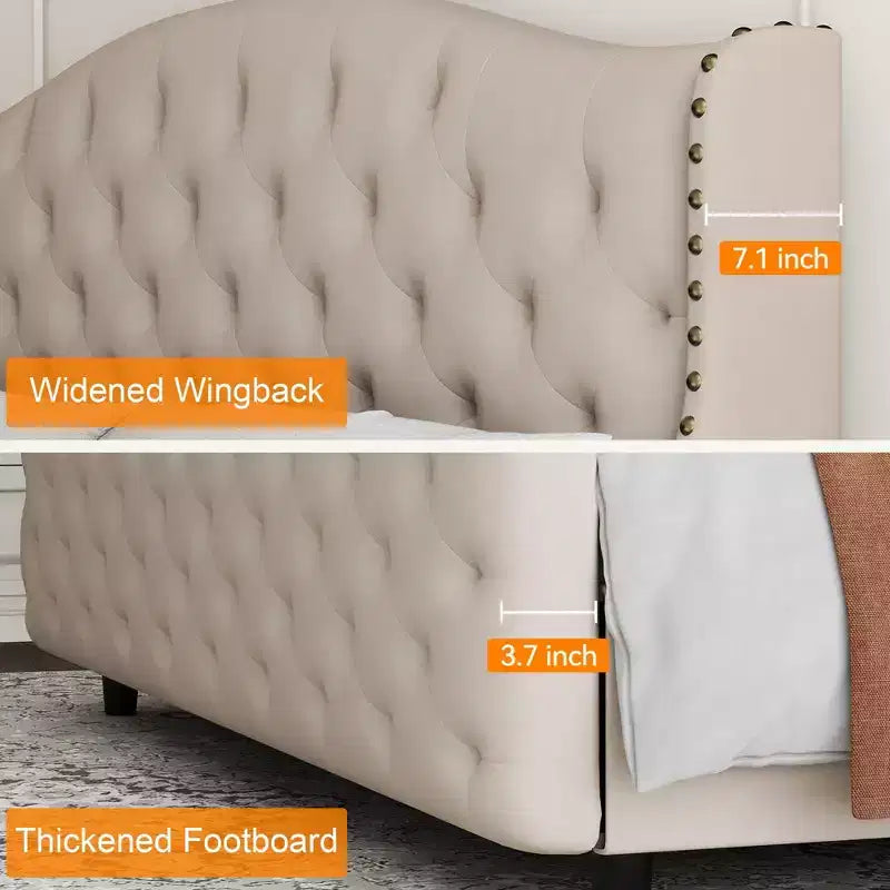 Struttura letto imbottita Queen Size con testiera ad ali – Beige