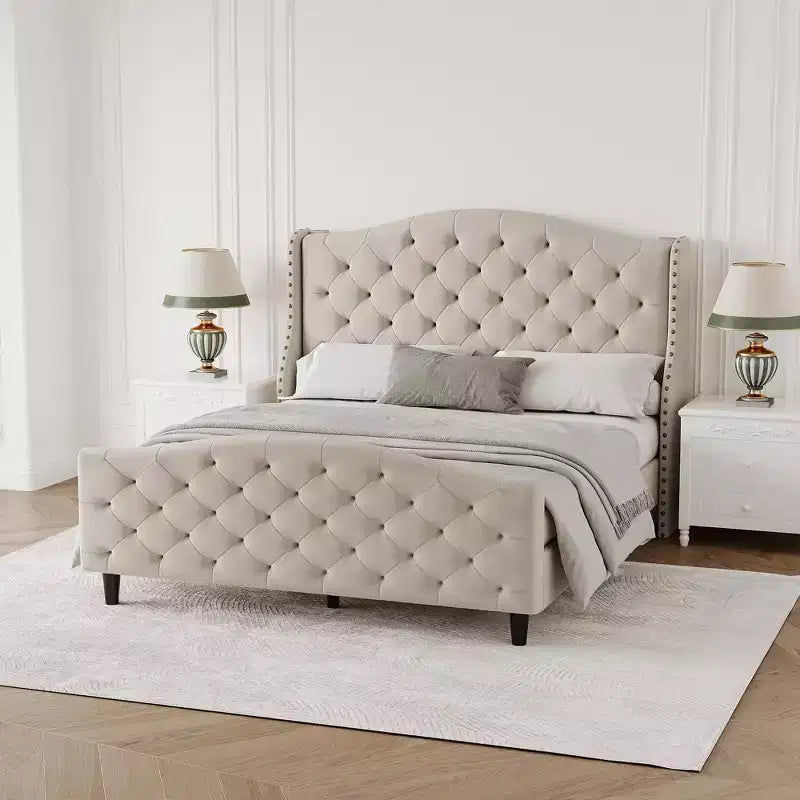 Struttura letto imbottita Queen Size con testiera ad ali – Beige