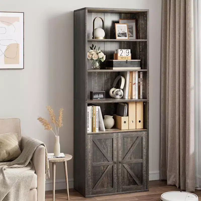 Libreria con Ante, Mobile Contenitore a 4 Ripiani, Altezza 181,4 cm, Profondità 30 cm, per Camera da Letto, Soggiorno, Ufficio