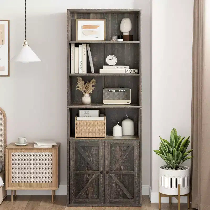 Libreria con Ante, Mobile Contenitore a 4 Ripiani, Altezza 181,4 cm, Profondità 30 cm, per Camera da Letto, Soggiorno, Ufficio