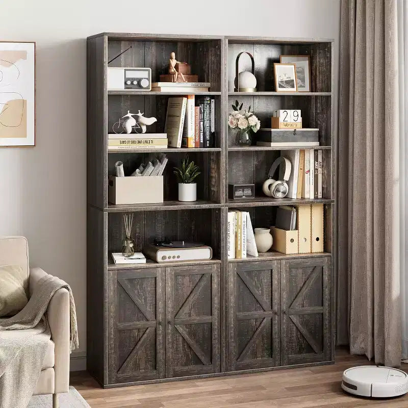 Libreria con Ante, Mobile Contenitore a 4 Ripiani, Altezza 181,4 cm, Profondità 30 cm, per Camera da Letto, Soggiorno, Ufficio