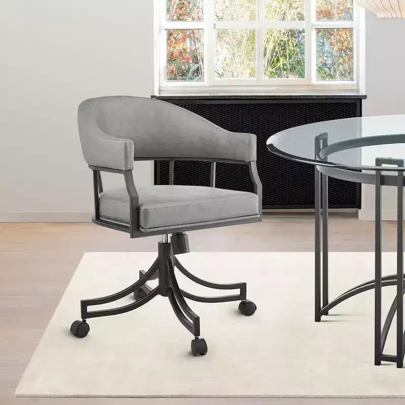 Sedia da Pranzo Girevole con Rotelle, Sedile in Similpelle e Gambe in Ferro Nero Opaco