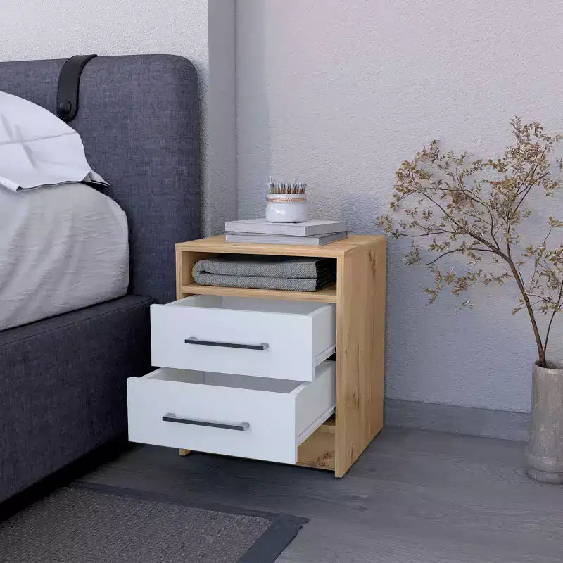 Comodino con 2 cassetti e ripiano nascosto – Comodino vintage