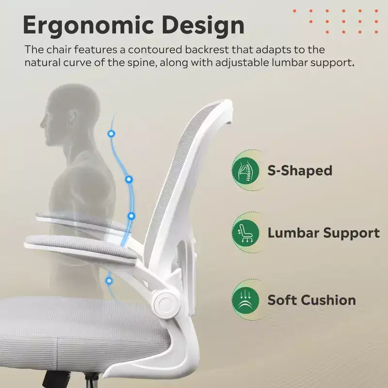 Sedia da ufficio ergonomica in rete con braccioli ribaltabili e supporto lombare regolabile