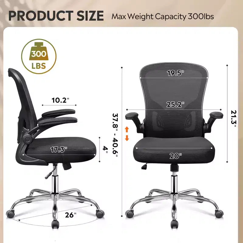 Sedia da ufficio ergonomica in rete con braccioli ribaltabili e supporto lombare regolabile