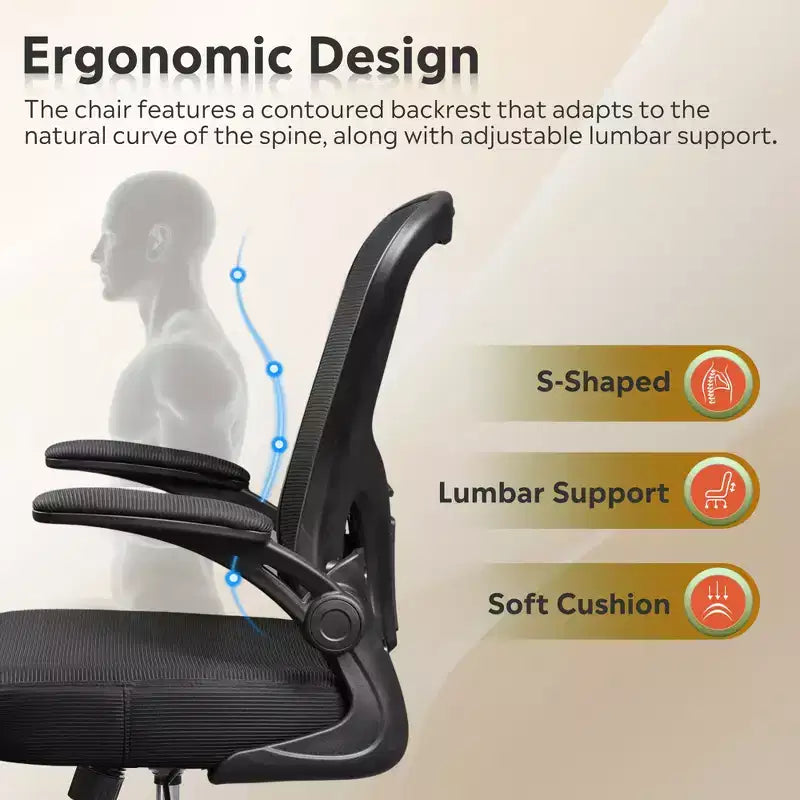 Sedia da ufficio ergonomica in rete con braccioli ribaltabili e supporto lombare regolabile