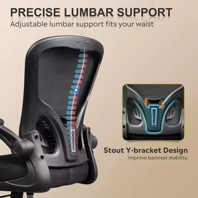 Sedia da ufficio ergonomica in rete con braccioli ribaltabili e supporto lombare regolabile