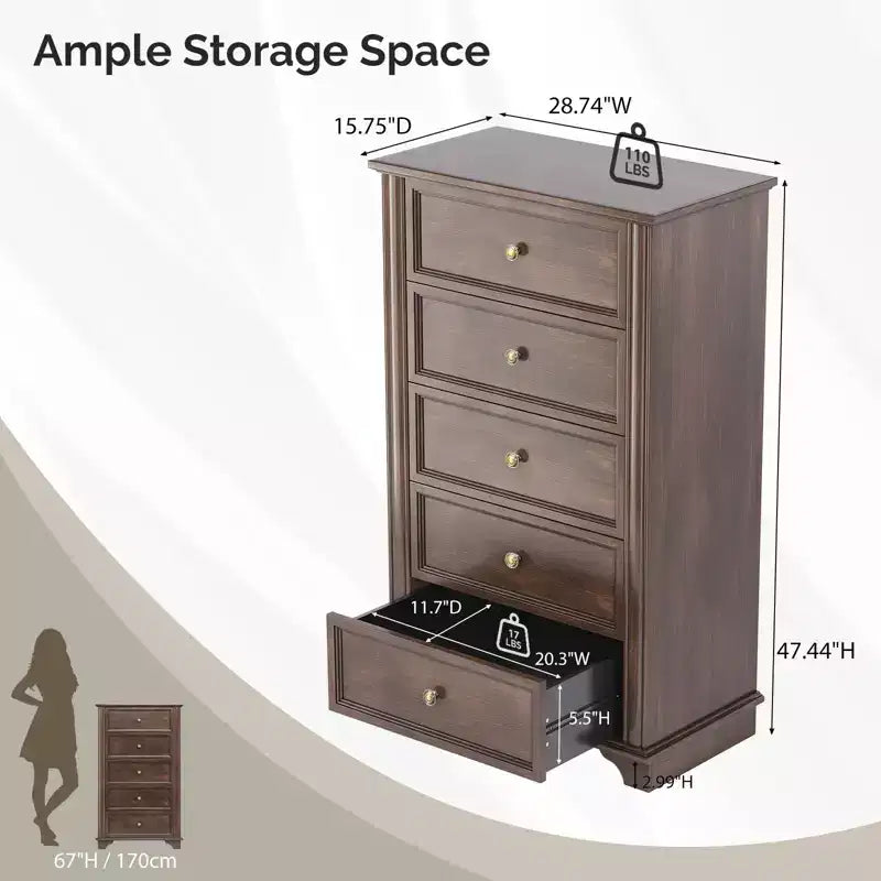 Cassettiera a 5 cassetti, MDF marrone, 73 cm L