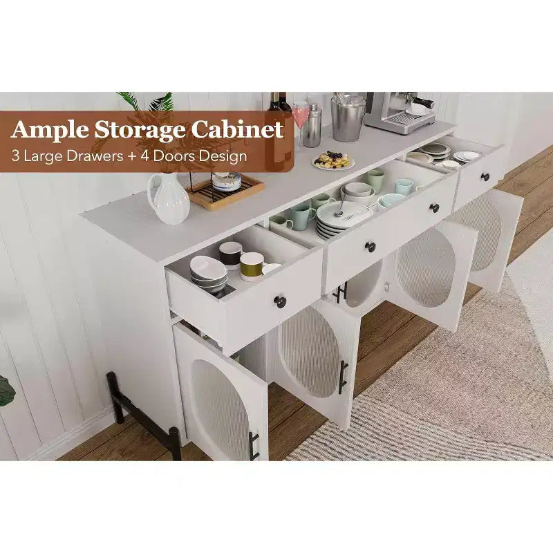 Mobile Credenza da 62 Pollici con 4 Cassetti e 4 Ante a Vetro