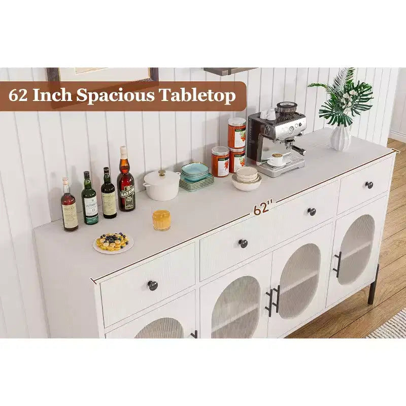 Mobile Credenza da 62 Pollici con 4 Cassetti e 4 Ante a Vetro