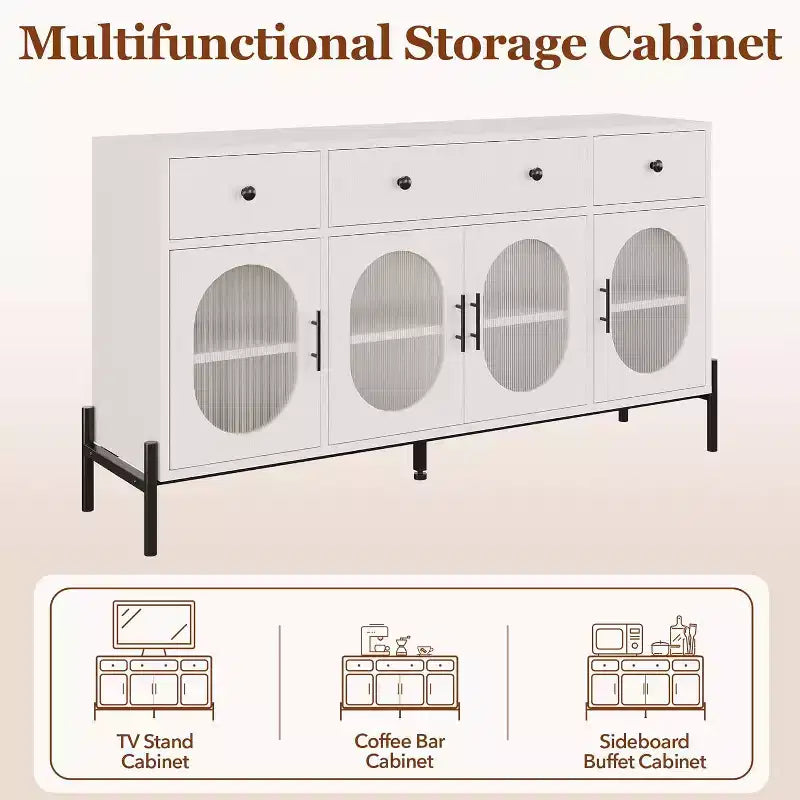 Mobile Credenza da 62 Pollici con 4 Cassetti e 4 Ante a Vetro