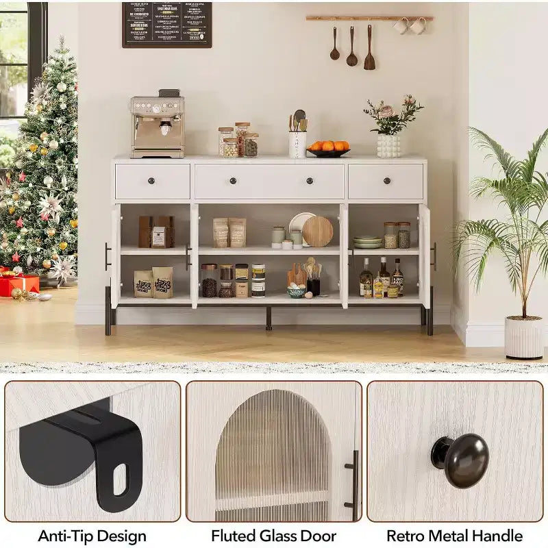 Mobile Credenza da 62 Pollici con 4 Cassetti e 4 Ante a Vetro