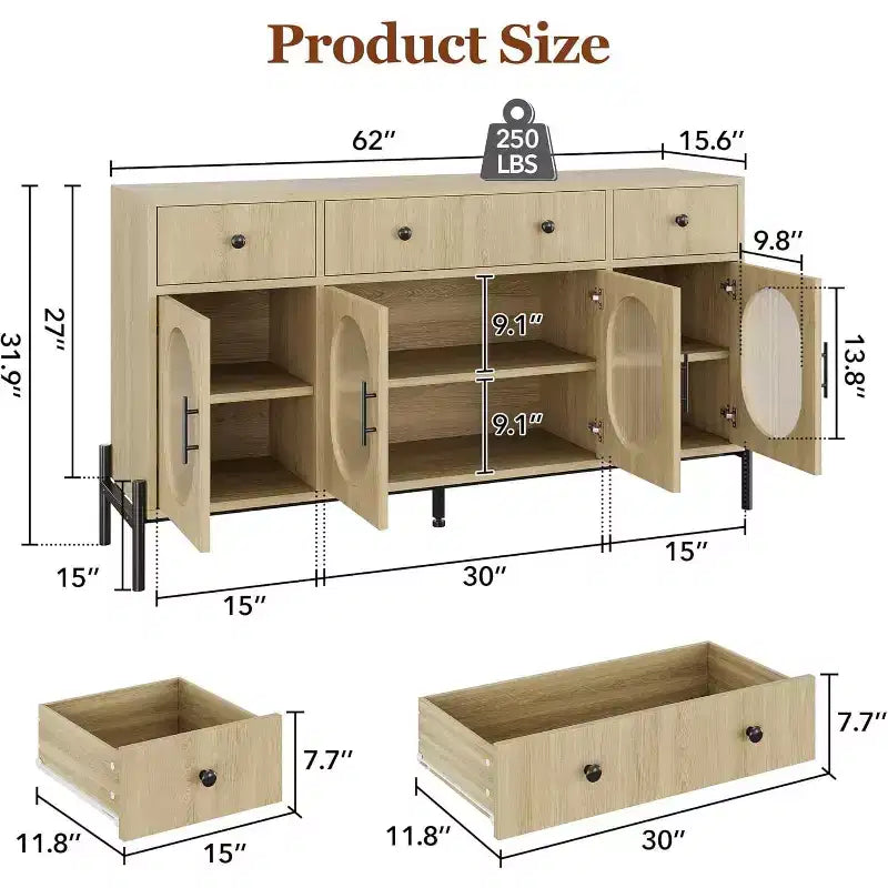 Mobile Credenza da 62 Pollici con 4 Cassetti e 4 Ante a Vetro