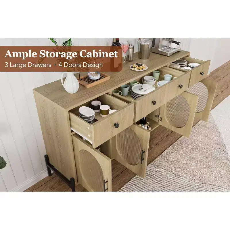 Mobile Credenza da 62 Pollici con 4 Cassetti e 4 Ante a Vetro