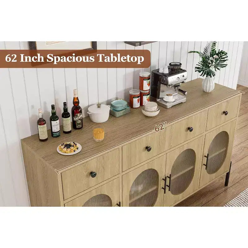 Mobile Credenza da 62 Pollici con 4 Cassetti e 4 Ante a Vetro