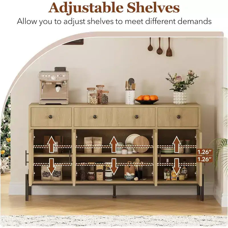 Mobile Credenza da 62 Pollici con 4 Cassetti e 4 Ante a Vetro