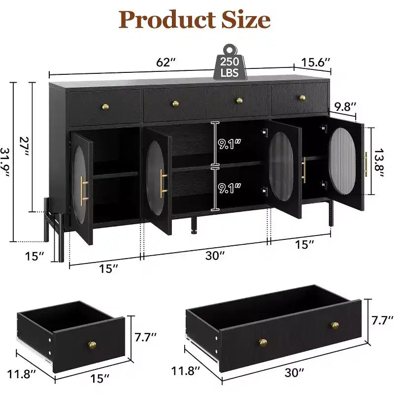 Mobile Credenza da 62 Pollici con 4 Cassetti e 4 Ante a Vetro