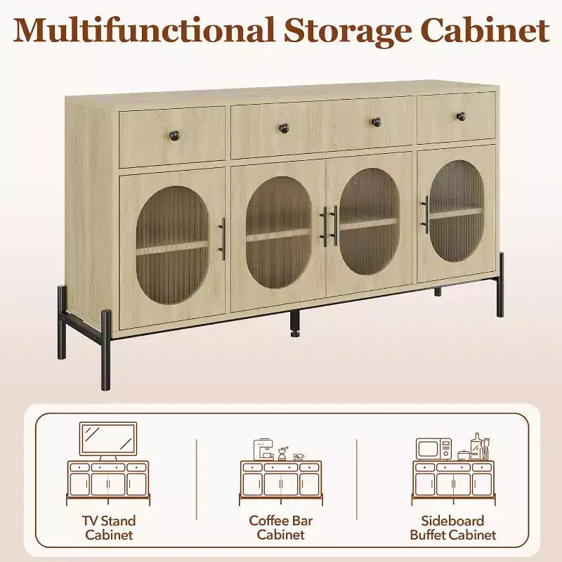 Mobile Credenza da 62 Pollici con 4 Cassetti e 4 Ante a Vetro