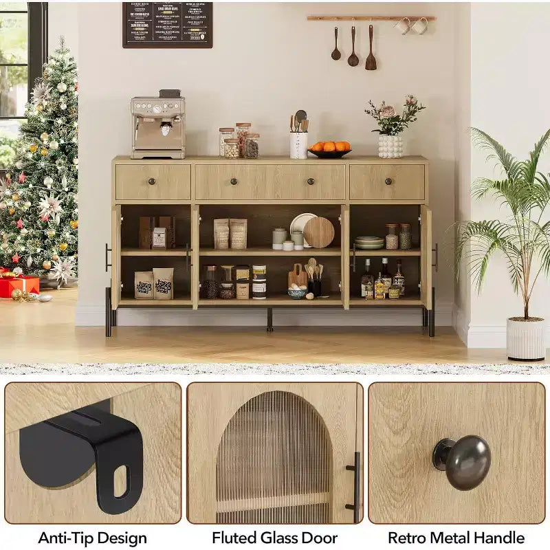 Mobile Credenza da 62 Pollici con 4 Cassetti e 4 Ante a Vetro