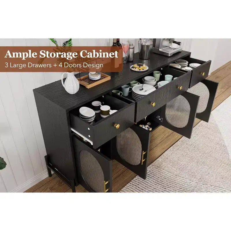 Mobile Credenza da 62 Pollici con 4 Cassetti e 4 Ante a Vetro