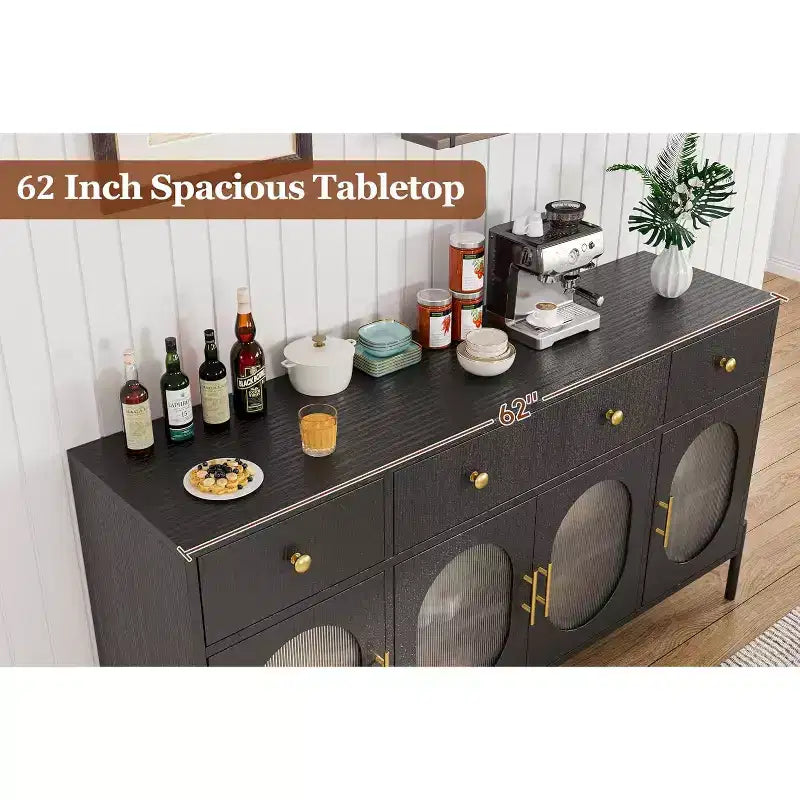 Mobile Credenza da 62 Pollici con 4 Cassetti e 4 Ante a Vetro