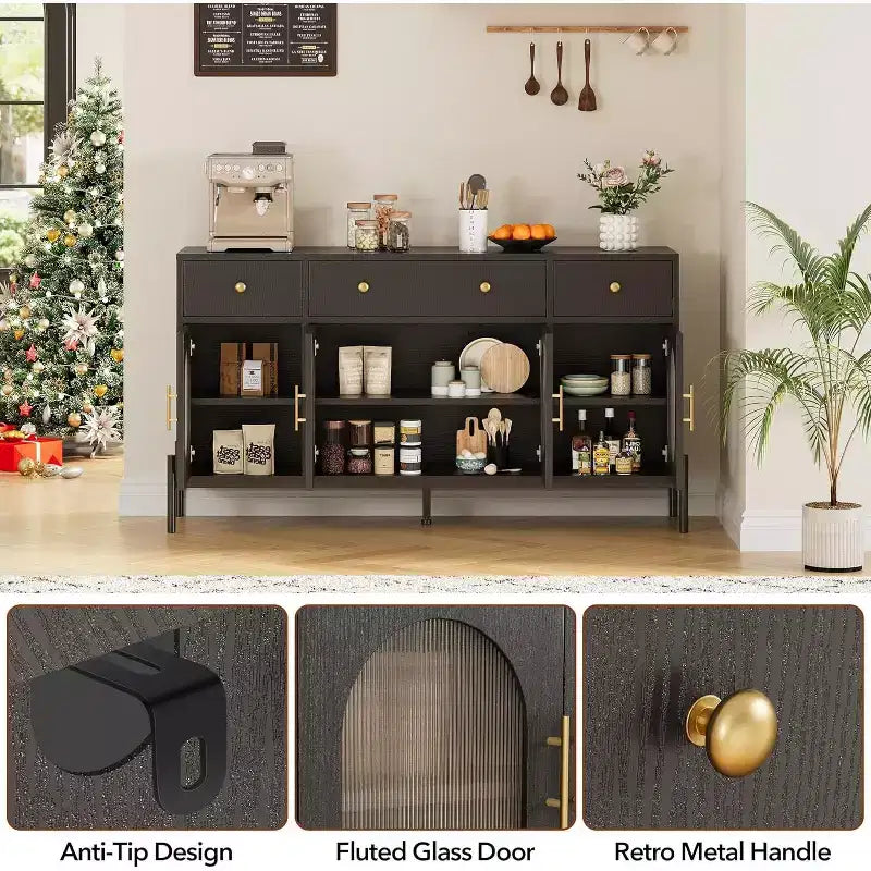 Mobile Credenza da 62 Pollici con 4 Cassetti e 4 Ante a Vetro
