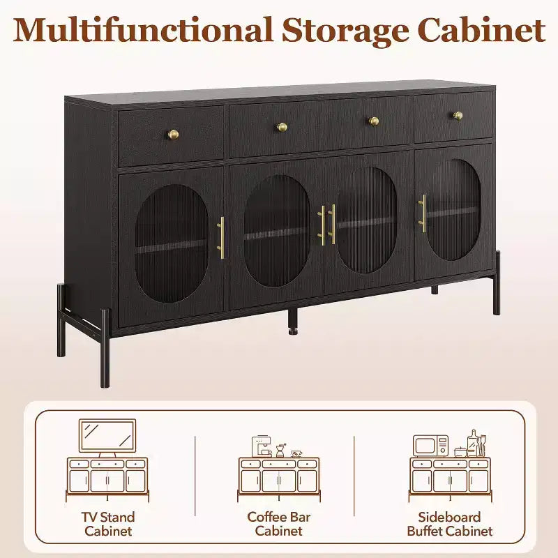 Mobile Credenza da 62 Pollici con 4 Cassetti e 4 Ante a Vetro