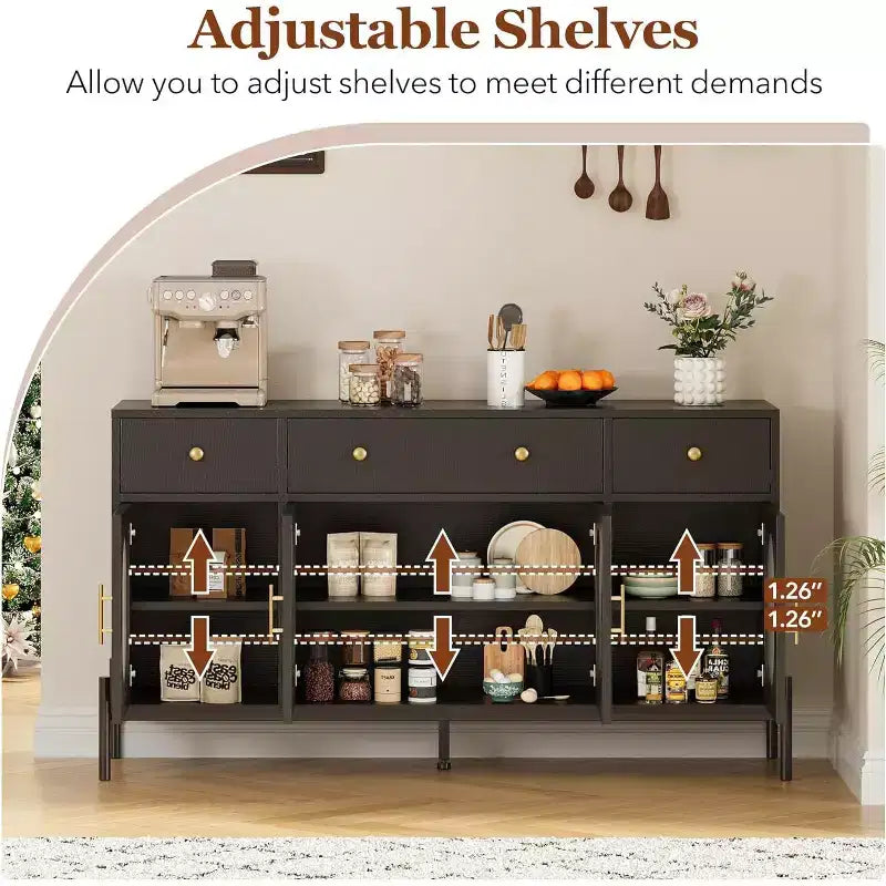 Mobile Credenza da 62 Pollici con 4 Cassetti e 4 Ante a Vetro