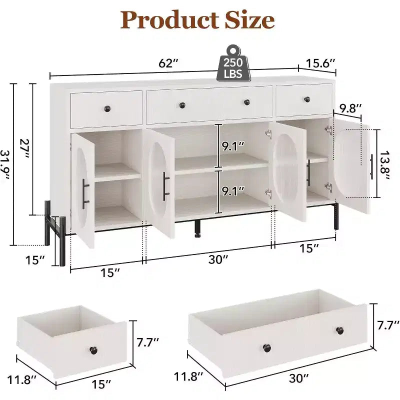 Mobile Credenza da 62 Pollici con 4 Cassetti e 4 Ante a Vetro