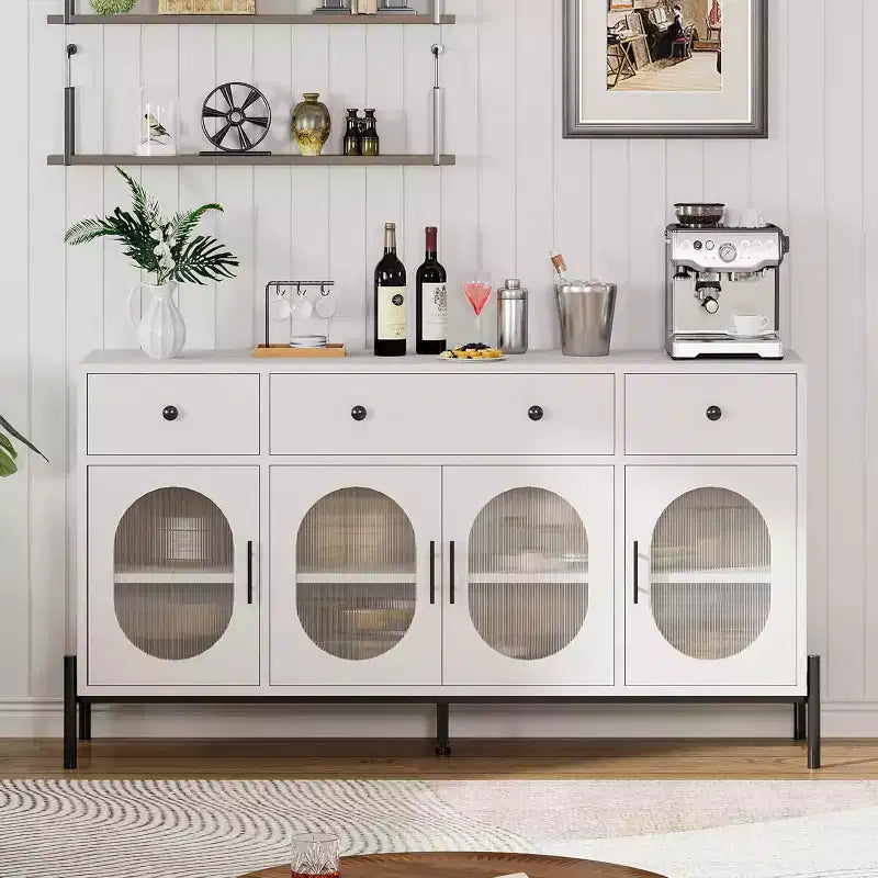 Mobile Credenza da 62 Pollici con 4 Cassetti e 4 Ante a Vetro