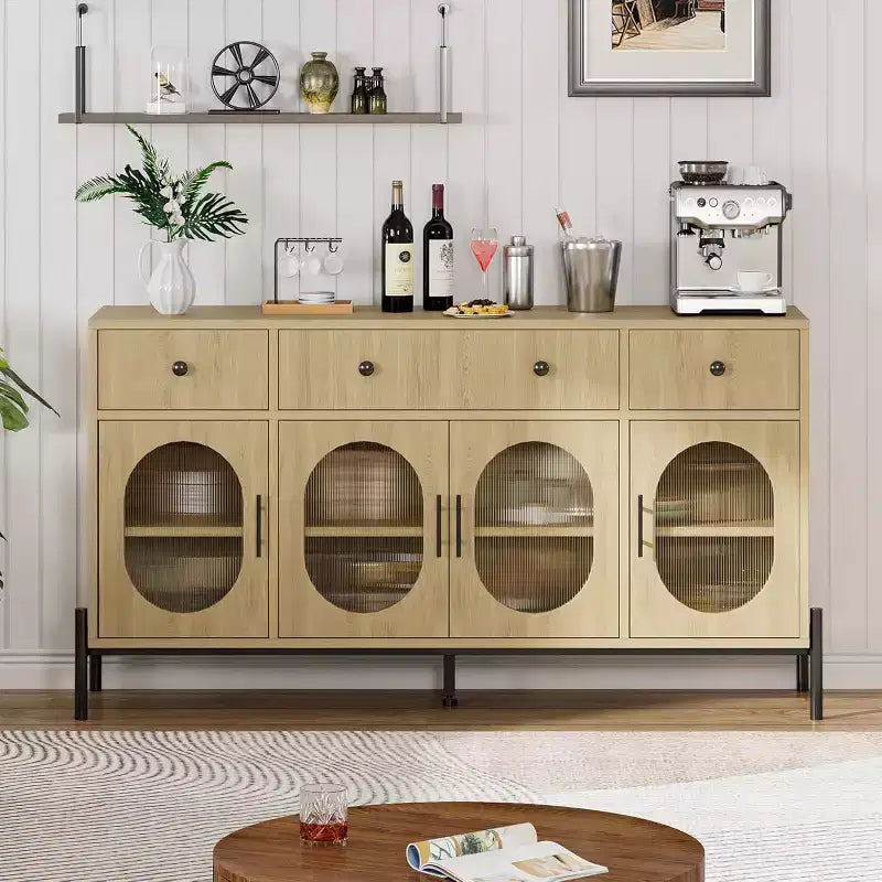 Mobile Credenza da 62 Pollici con 4 Cassetti e 4 Ante a Vetro