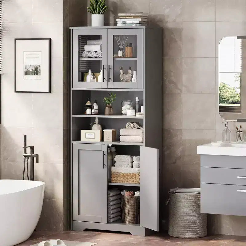 Mobiletto Alto da Bagno con Ante in Vetro e Ripiani Regolabili, Armadio Autoportante da 170 cm