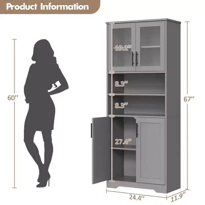 Mobiletto Alto da Bagno con Ante in Vetro e Ripiani Regolabili, Armadio Autoportante da 170 cm