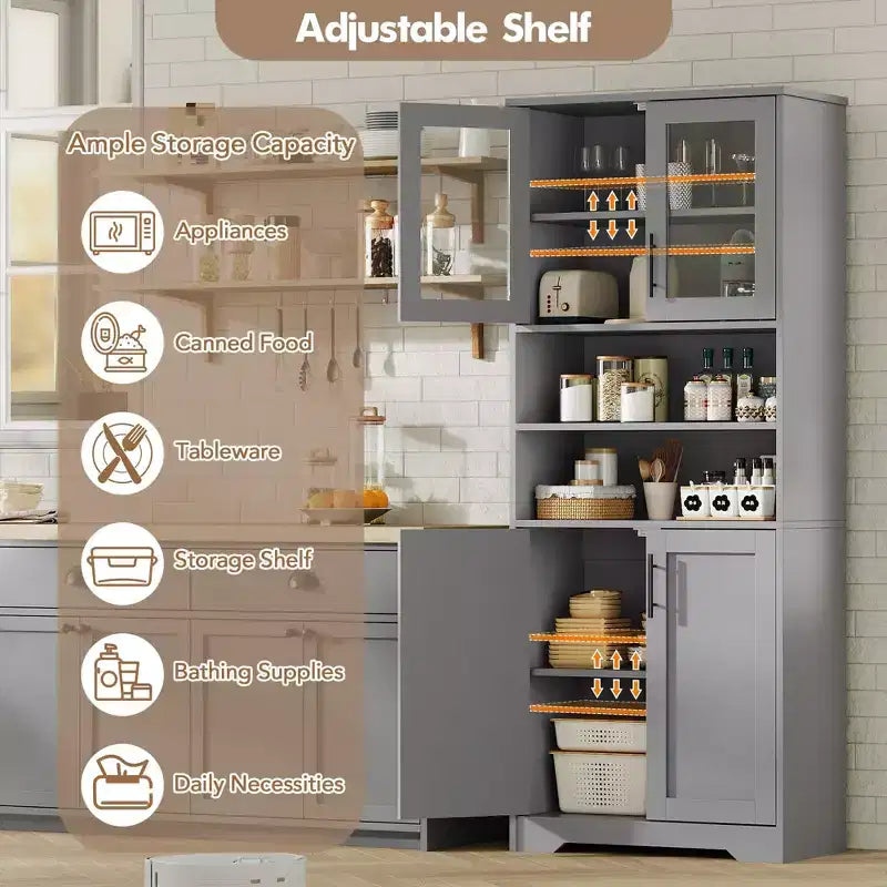Mobiletto Alto da Bagno con Ante in Vetro e Ripiani Regolabili, Armadio Autoportante da 170 cm