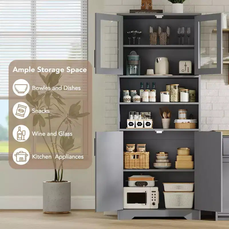 Mobiletto Alto da Bagno con Ante in Vetro e Ripiani Regolabili, Armadio Autoportante da 170 cm