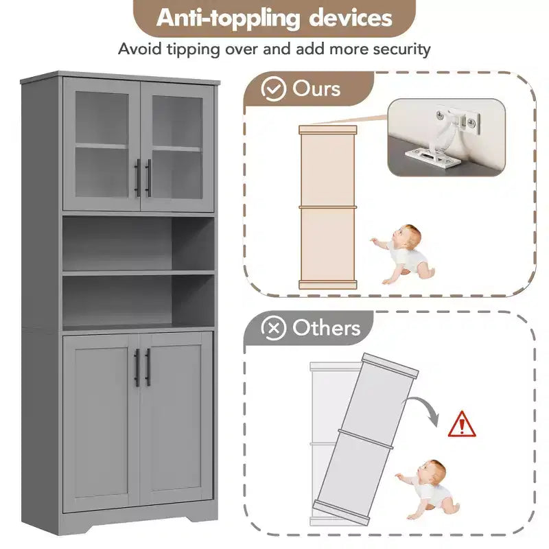 Mobiletto Alto da Bagno con Ante in Vetro e Ripiani Regolabili, Armadio Autoportante da 170 cm