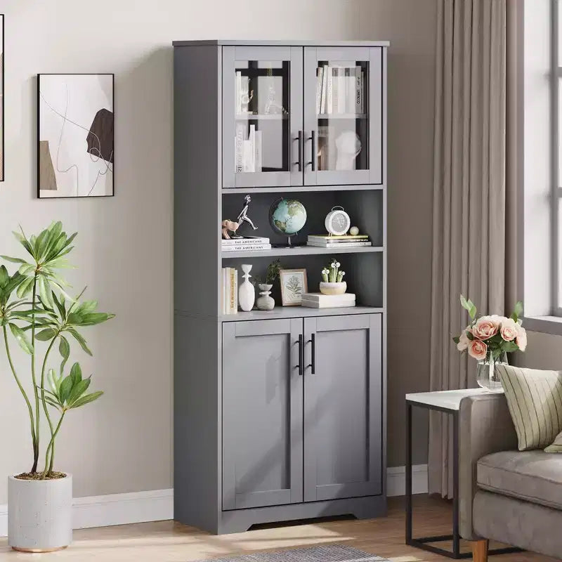 Mobiletto Alto da Bagno con Ante in Vetro e Ripiani Regolabili, Armadio Autoportante da 170 cm